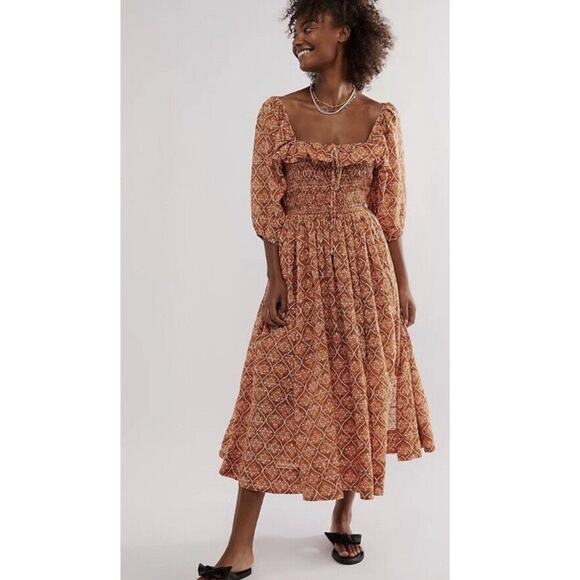 Free People Oasis Midi Dress Size Small in Heatwave Square Neck Sugar Almond - Picture 1 of 10